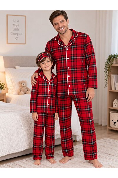 Fil Kids Father-Son Boy Red Plaid Pattern Winter Shirt Collar Sleep Band Paja...