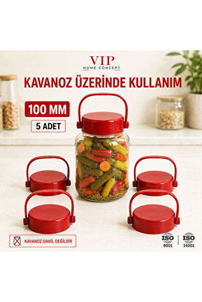 Vip Home Concept 100 mm Plastik Kulplu Kavanoz Kapağı Kırmızı Taşıma Saplı 5 Adet