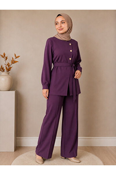 OKTAYUSTA COLLECTİON Cotton Buttoned Double Suit with Mobile Belt Purple