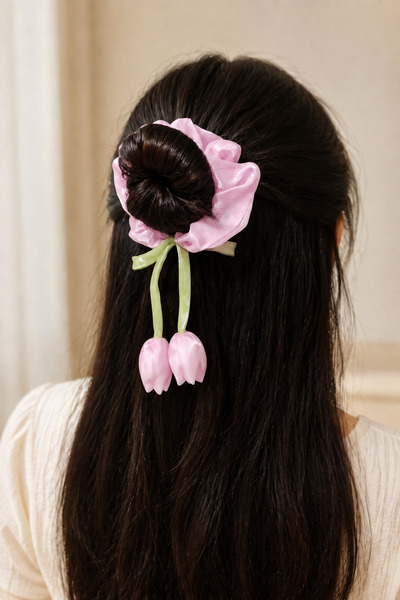 BeyzHal Tulip Figured Satin Fabric 10 cm Bagel Buckle Women's Bun Buckle Hair...