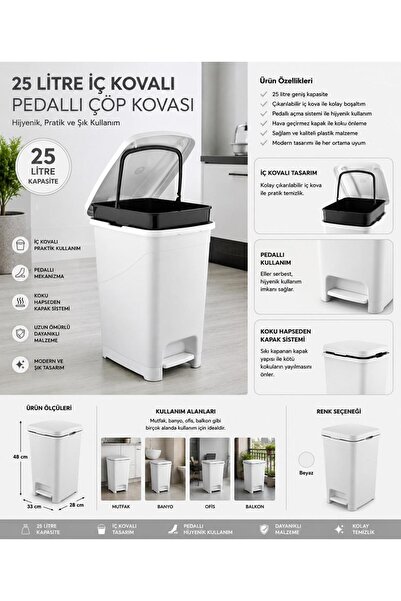 E-LİFE HOME Pedallı İç Kovalı Çöp Kovası 25 Litre BEYAZ