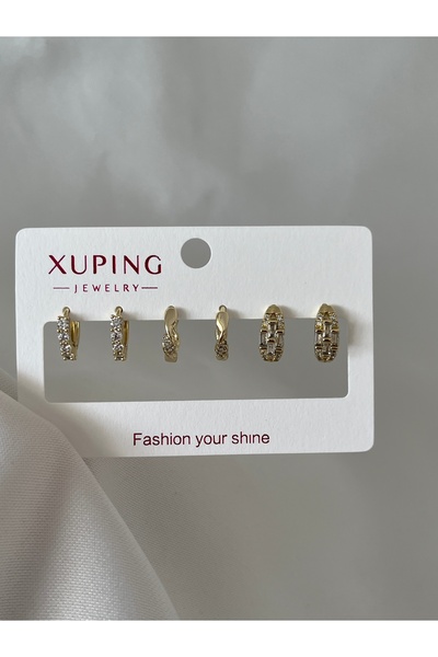 yeknova Xuping 14K Gold Renginde Taşlı 3 Çift (6adet) Kararmaz Kadın Halka Kü...