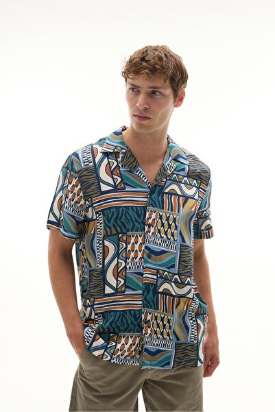 Mudo Men's Navy Blue Printed Resort Collar Short Sleeve Shirt