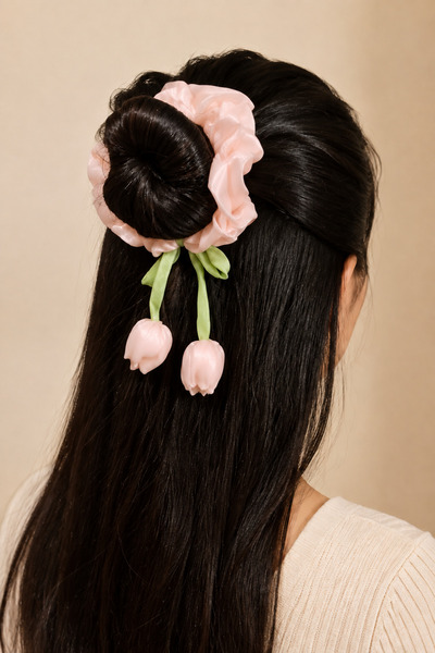 BeyzHal Tulip Figured Satin Fabric 10 cm Bagel Buckle Women's Bun Buckle Hair...