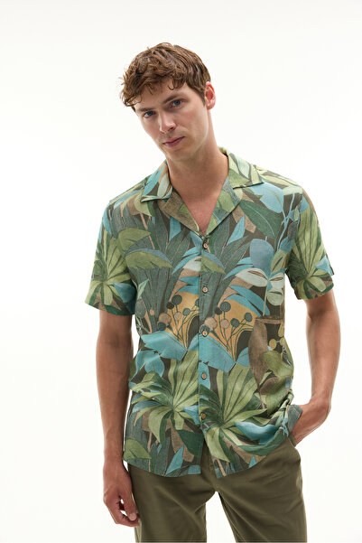 Mudo Men's Green Printed Resort Collar Short Sleeve Shirt