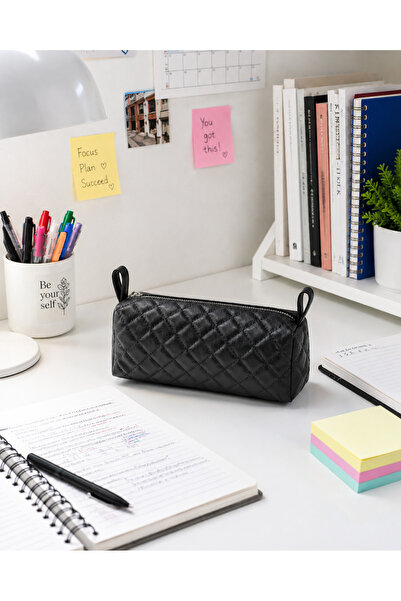 Bersia Black Quilted Pen Holder Bag – Large Zippered Pencil Case, Makeup and ...