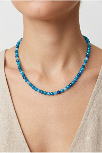 Generic Brand 4 mm Faceted Cut Blue Agate Natural Stone Necklace