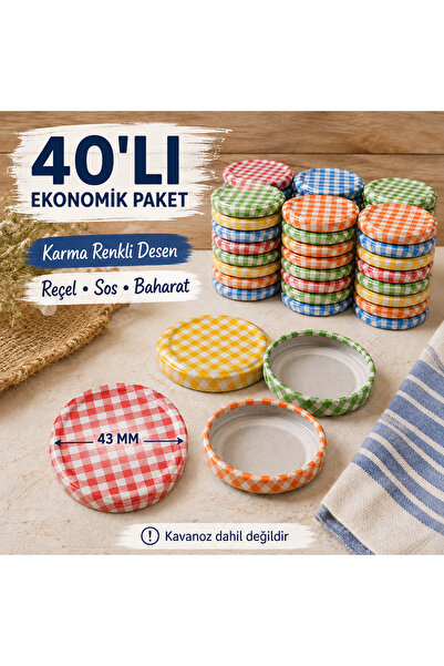 Vip Home Concept 43 mm Patterned Jar Lid 40 Pieces Colorful Checkered Jam Sau...