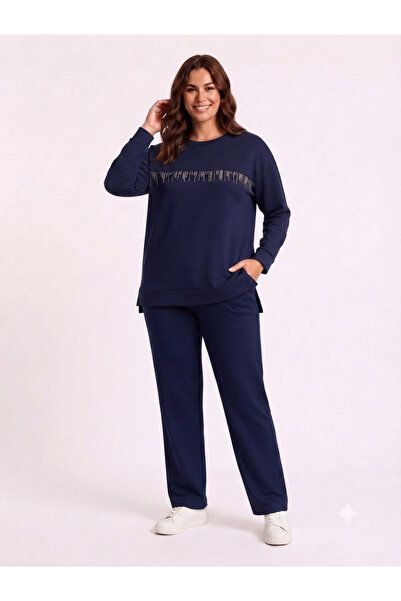 MELEKSEN Plus Size Lycra Modal Fabric Track Suit with Slits and Stone Details