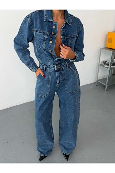 HerTon Women's Button Front Wide Leg Loose-Fit Denim Jumpsuit with Patch Pockets