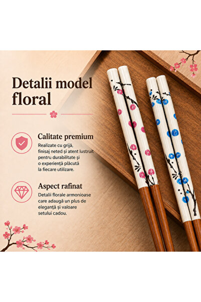 OEM Betisoare traditionale chinezesti, set 2 perechi, lemn de fag, model flori de prun