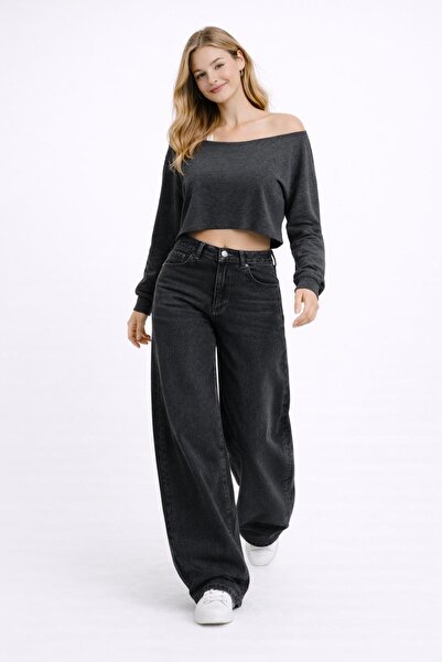 Kadın siyah renk baggy 9w_16 yüksek bel %100 koton denim pantolon