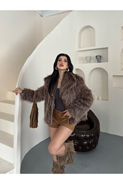 Raben Women's Lined Soft Textured Wide Collar Faux Fur Premium Luxury Jacket