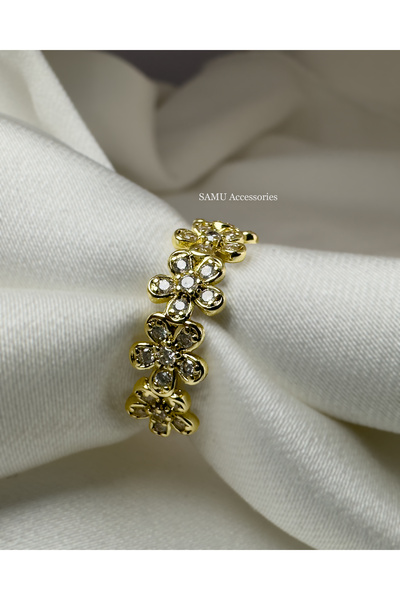 Samu Accessories خاتم فولاذي قابل للتعديل من سلسلة بريميوم بتصميم زهرة مرصعة ...