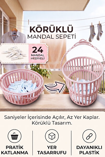 iselahome Plico Körüklü Mandal Sepeti Katlanabilir Çamaşır Mandalı Sepeti Ask...