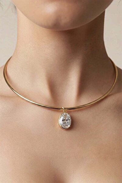 Dikey Büyük Oval Kesim Zirkon Detaylı Altın Kaplama Choker Kolye