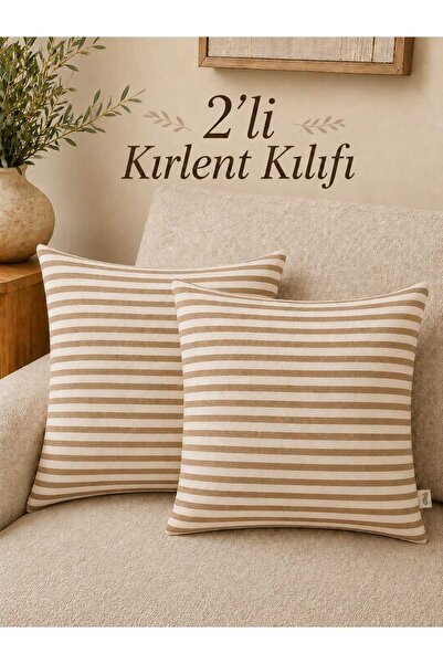 HOME ART ATELIER hand made 2'li Çizgili Pamuk Keten Kırlent Kılıfı
