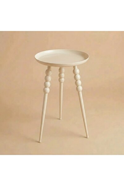 ottolamp Bilyalı Ayak Yuvarlak Tepsi Yan Sehpa 35x60 cm İnci Beyazı El Yapımı