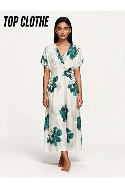 TOP CLOTHE V-Neck Floral Print Satin Dress