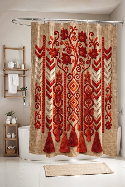 EVPANYA Ethnic Embroidery and Tassel Embellished Patterned Shower Curtain, Ba...
