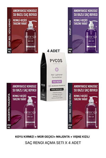 Omega Plus Koyu Kırmızı + Mor + Majenta + Vişne Kızılı + 4' lü Saç Açma Seti