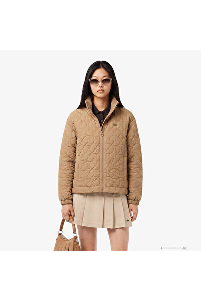 Lacoste Kadın Relaxed Fit Kapüşonlu Desenli Kahverengi Ceket