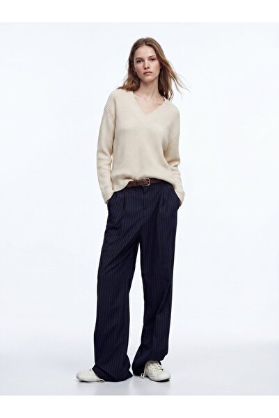 Ltb Baggy Pile Detailed Striped Navy Blue Trousers