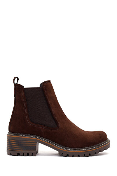 Derimod Women's Brown Thick Heeled Suede Leather Casual Chelsea Boots Wf190024Ds