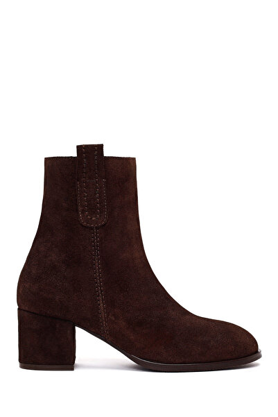 Derimod Women's Brown Zippered Thick Heeled Suede Leather Boots Wf220005Ds