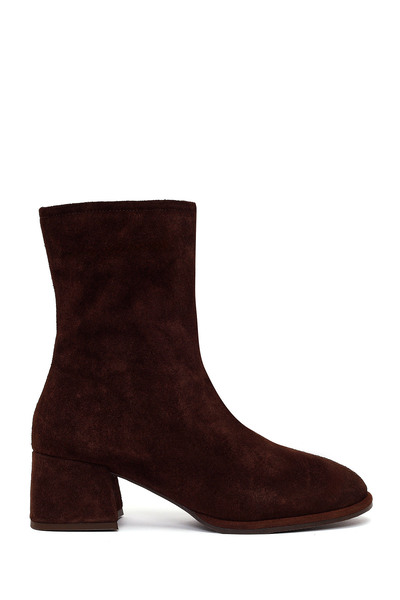 Derimod Women's Brown Zippered Thick Heeled Suede Leather Boots Wf220004Ds