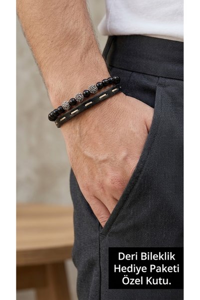 HER ŞEY NOTA www.herseynota.com Orvell Blackstone Black Leather Men's Bracele...