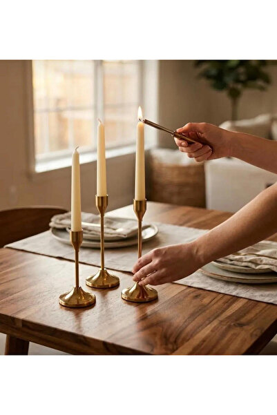 Fiyakalı Ürünler Atölyesi Eskitme Gold Şamdan Seti - 3 Parça Pirinç Şamdan Ta...