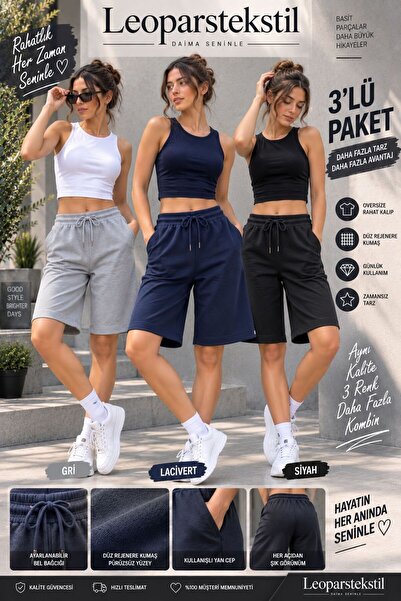 Leopars Women's 3-Piece Shorts Pack Gray Navy Blue Black Oversize Comfortable...