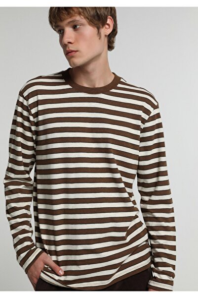 Colin's Tricou cu mânecă lungă, maro, cu dungi, cu guler rotund, croială norm...