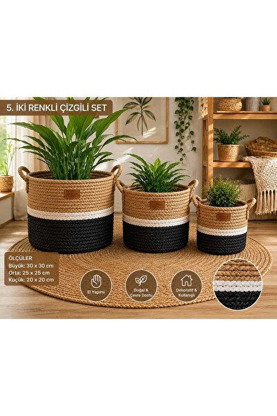 SHLM TEKSTİL 3-Piece Flower Pot Set, Basket, Multi-Purpose Basket, Bathroom B...
