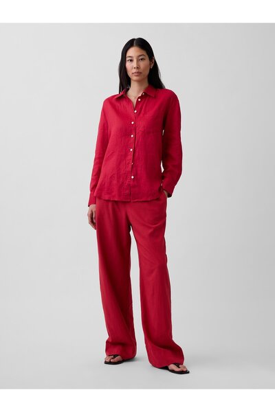 GAP Kadın Kırmızı Keten Karışımlı Easy Wide-Leg Pantolon