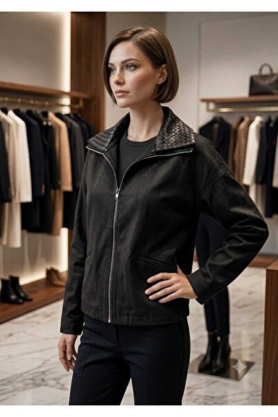 SEREMONİ BUTİK Women's Black Leather Collar Detailed Jacket