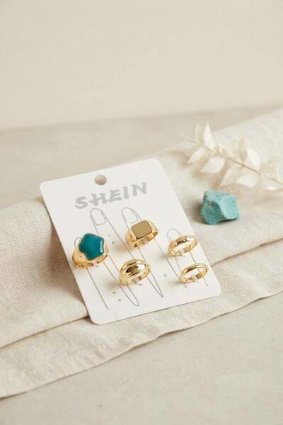 Inure Jewelry Gold Color Brass Green Stone Detailed Bohemian Ring Combination...