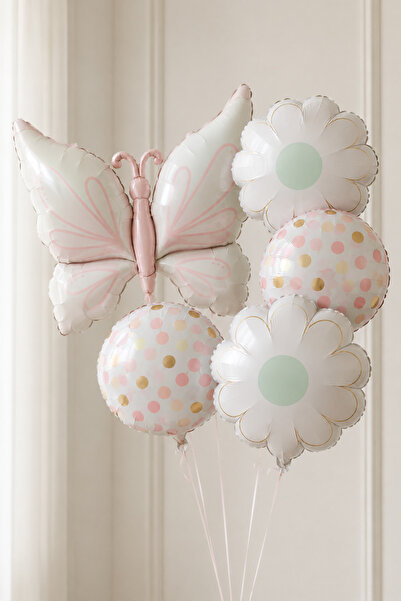 Baloncu Nene Krem Pembe Kelebek Papatya Folyo Balon Seti Pastel Kız Çocuk Doğ...