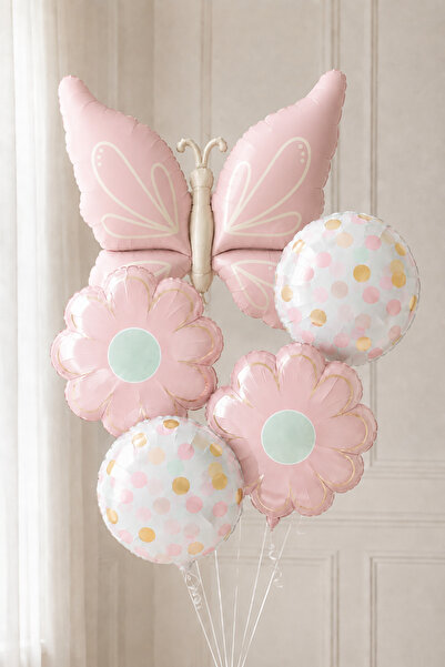 Baloncu Nene Pembe Kelebek Papatya Folyo Balon Seti Kız Çocuk Doğum Günü Part...