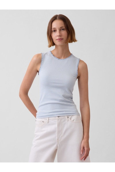 GAP Kadın Açık Mavi Gingham Pointelle Shell Kolsuz Bluz