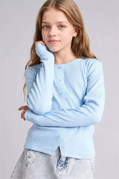 DeFacto Fitted Buttoned Collar Ribbed Long Sleeve Light Blue T-Shirt Girls I1...