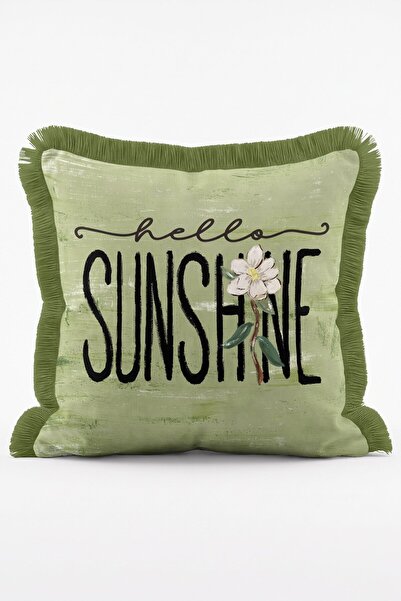 IdeCraft Hello Sunshine Yazılı Çiçek Motifli Pastel Zeminli Saçaklı Kırlent K...