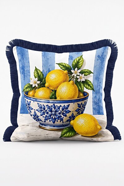IdeCraft Mavi Çizgili Çini Kase ve Limon Desenli Saçaklı Kırlent Kılıfı
