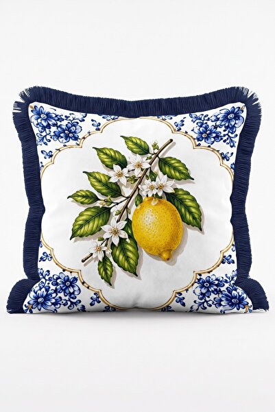 IdeCraft Mediterranean Lemon Tree Tile Framed Floral Pattern Fringed Throw Pi...