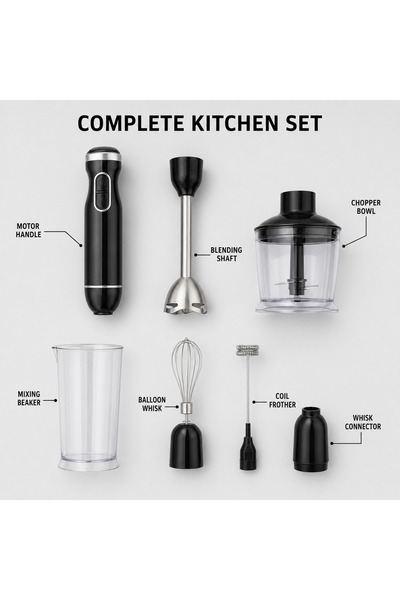 DOMOTEC Blender de mână cu imersie 314B, Set 5 în 1 – Blender, Tocător, Tel și Spumant de lapte