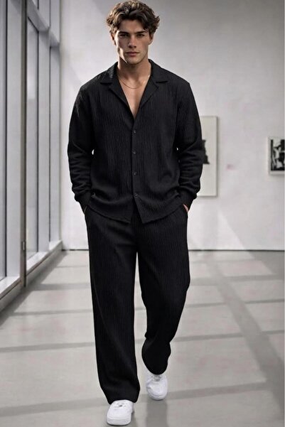 CAST COLLECTİON Men's Black Wrinkled Fabric Shirt and Pants Set
