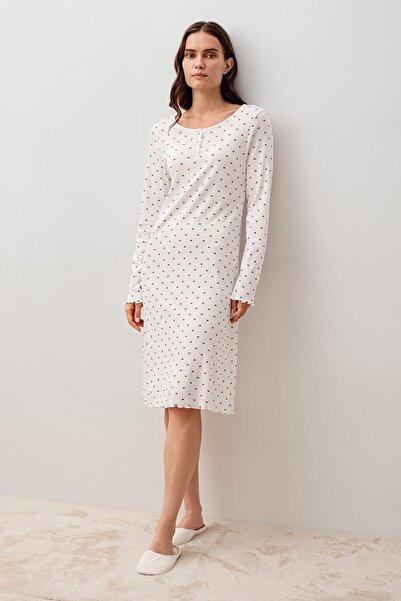 Artış Long Sleeve Heart Buttoned Short 100% Cotton Nightgown