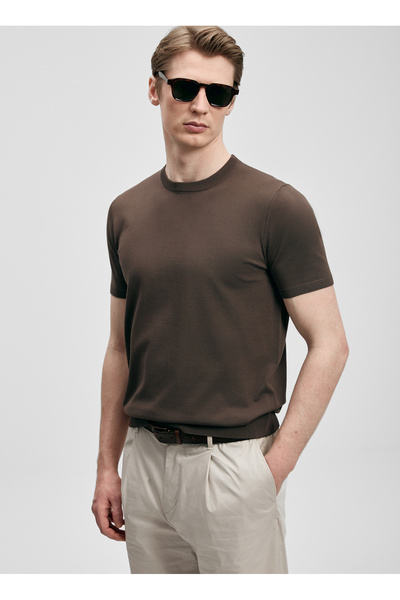 Lufian Kahverengi Erkek Bisiklet Yaka Slim Fit T-Shirt TINO