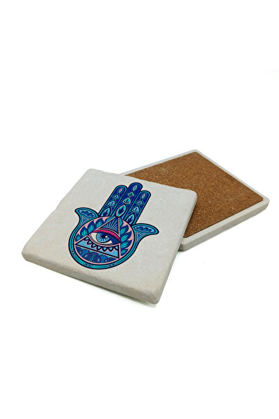 Sadrazam Engraved Hand of Fatima Printed Natural Stone Coaster 10X10 1G-El1